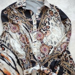 Zanardi Italy crystals embellished printed shirt gold tone buttons glam
